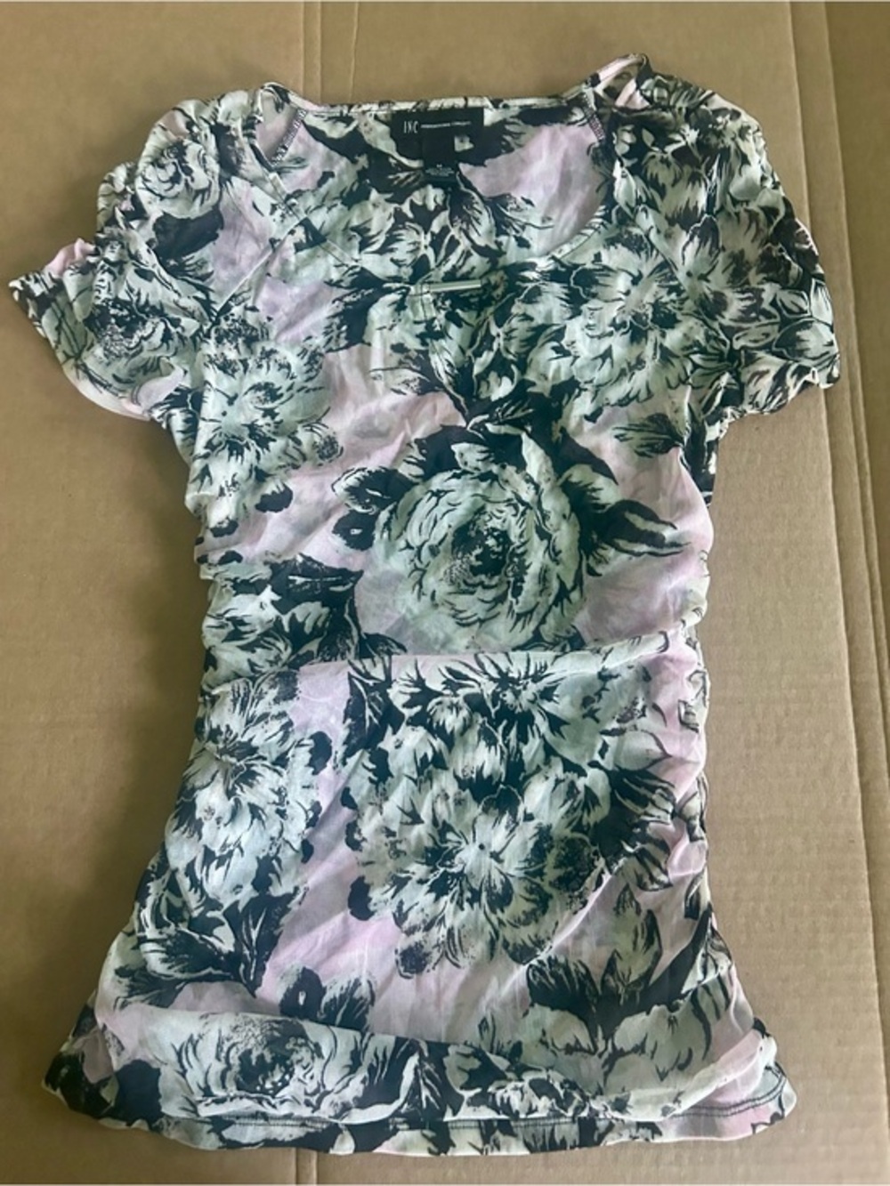 INC Sheer Mesh Light Pink and Black Floral Fitted Feminine Y2K